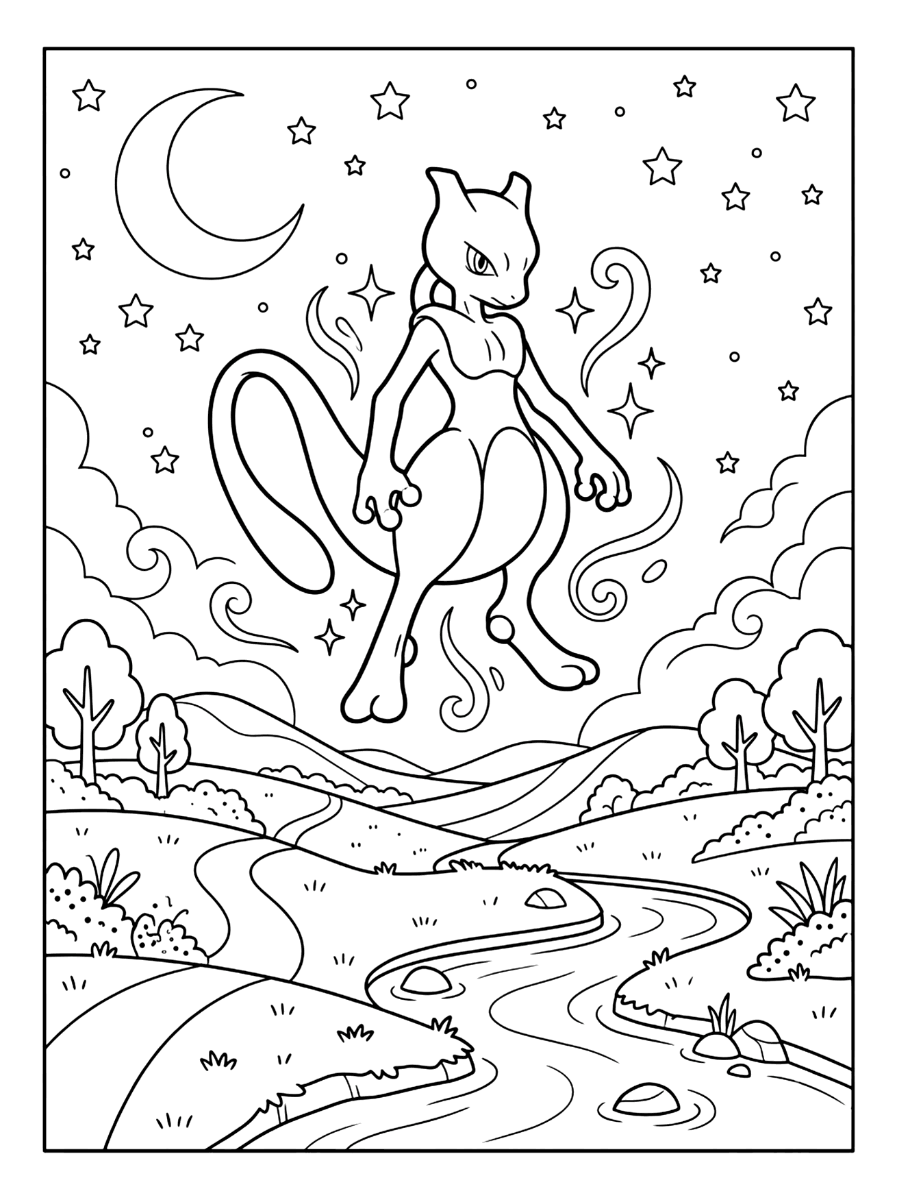 Mewtwo floating in night sky with curled tail, crescent moon and stars over winding river, pokemon coloring page