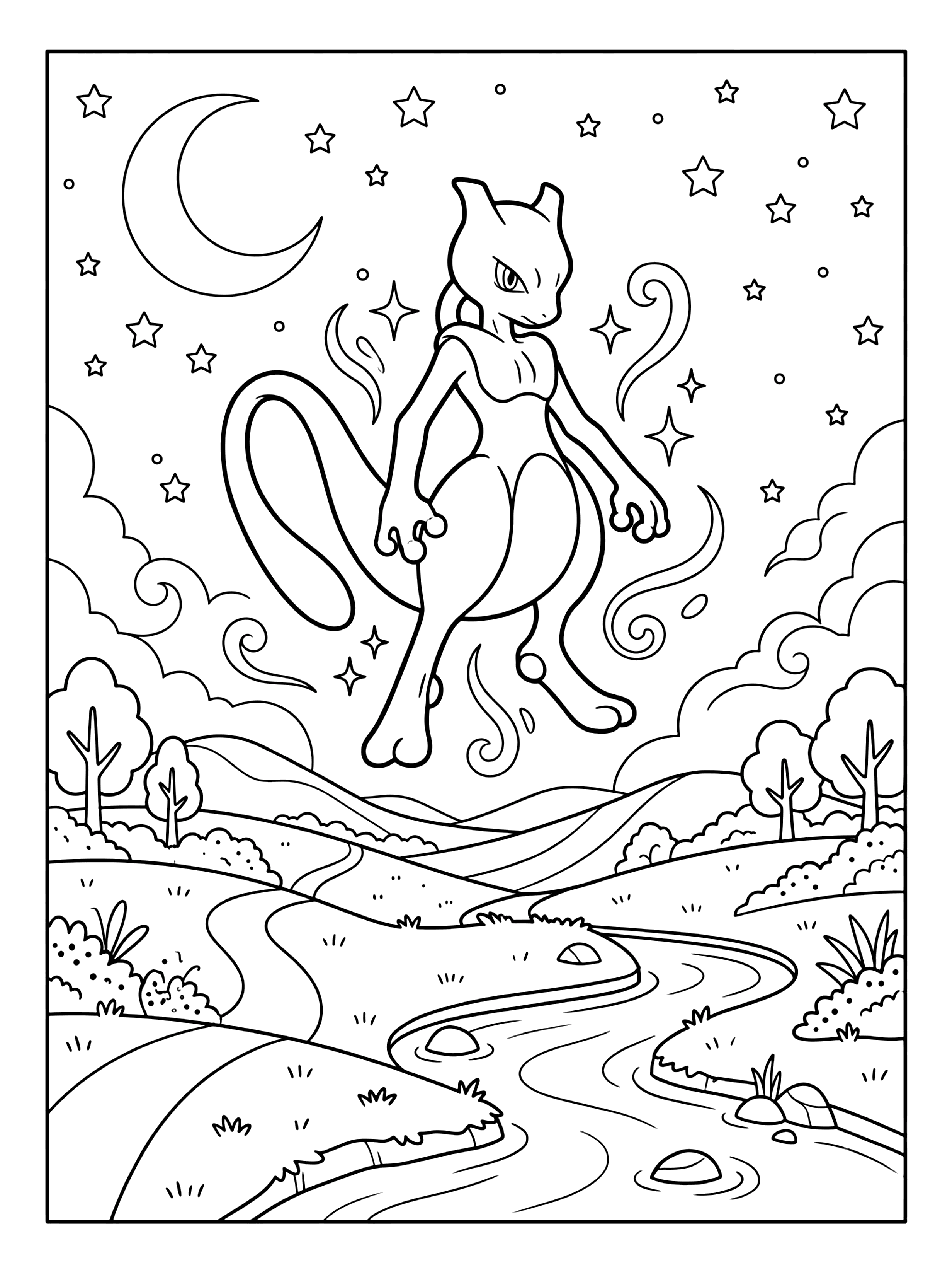 Mewtwo floating in night sky with curled tail, crescent moon and stars over winding river, pokemon coloring page