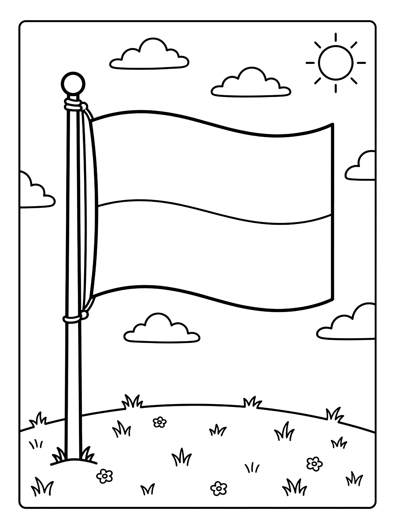 Waving flag with two bands on a tall pole, grassy hill with flowers, clouds and sun, monaco flag coloring page