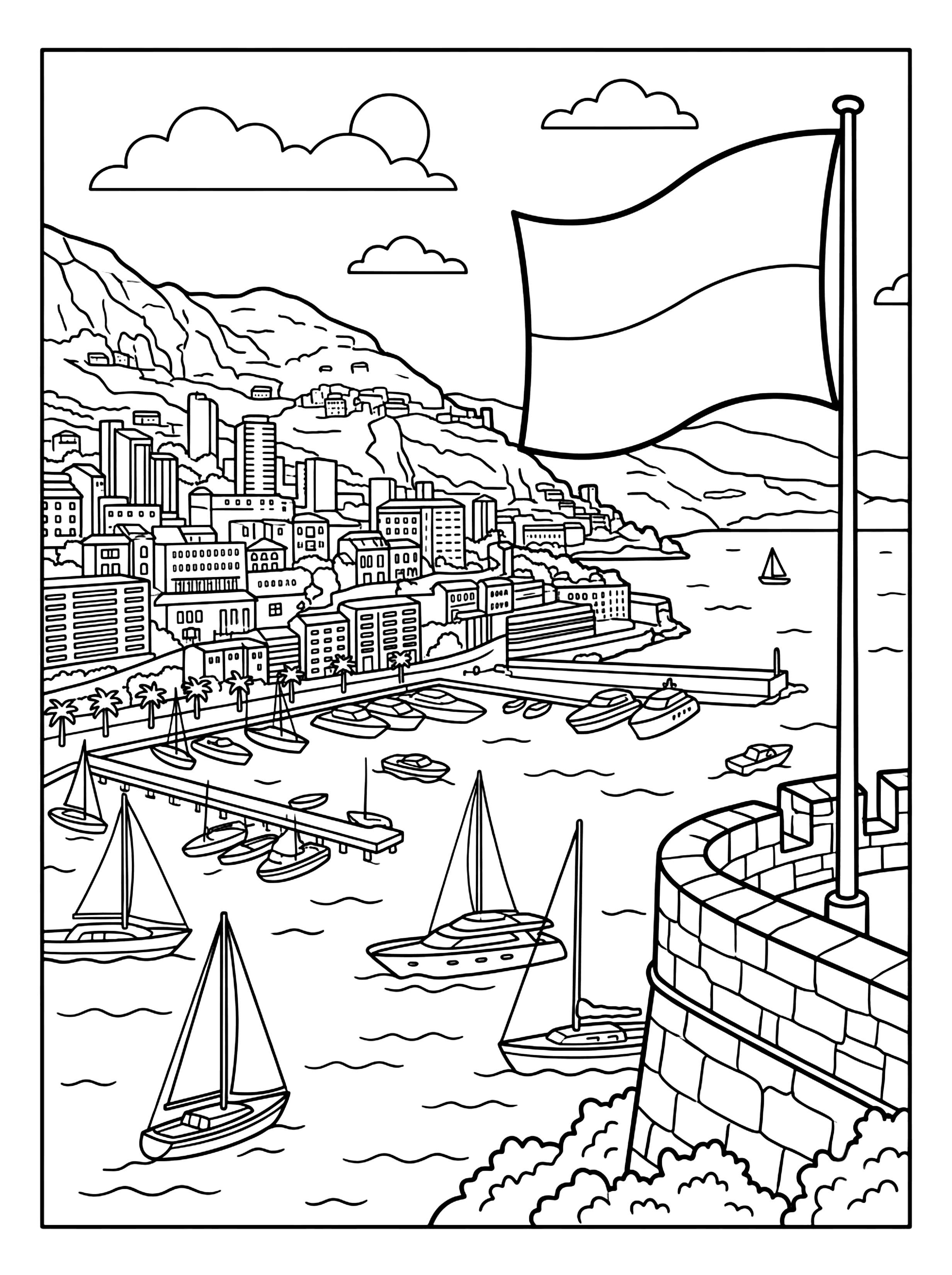 Flag flying over a harbor with sailboats, yachts, palm trees and hillside buildings, monaco flag coloring page