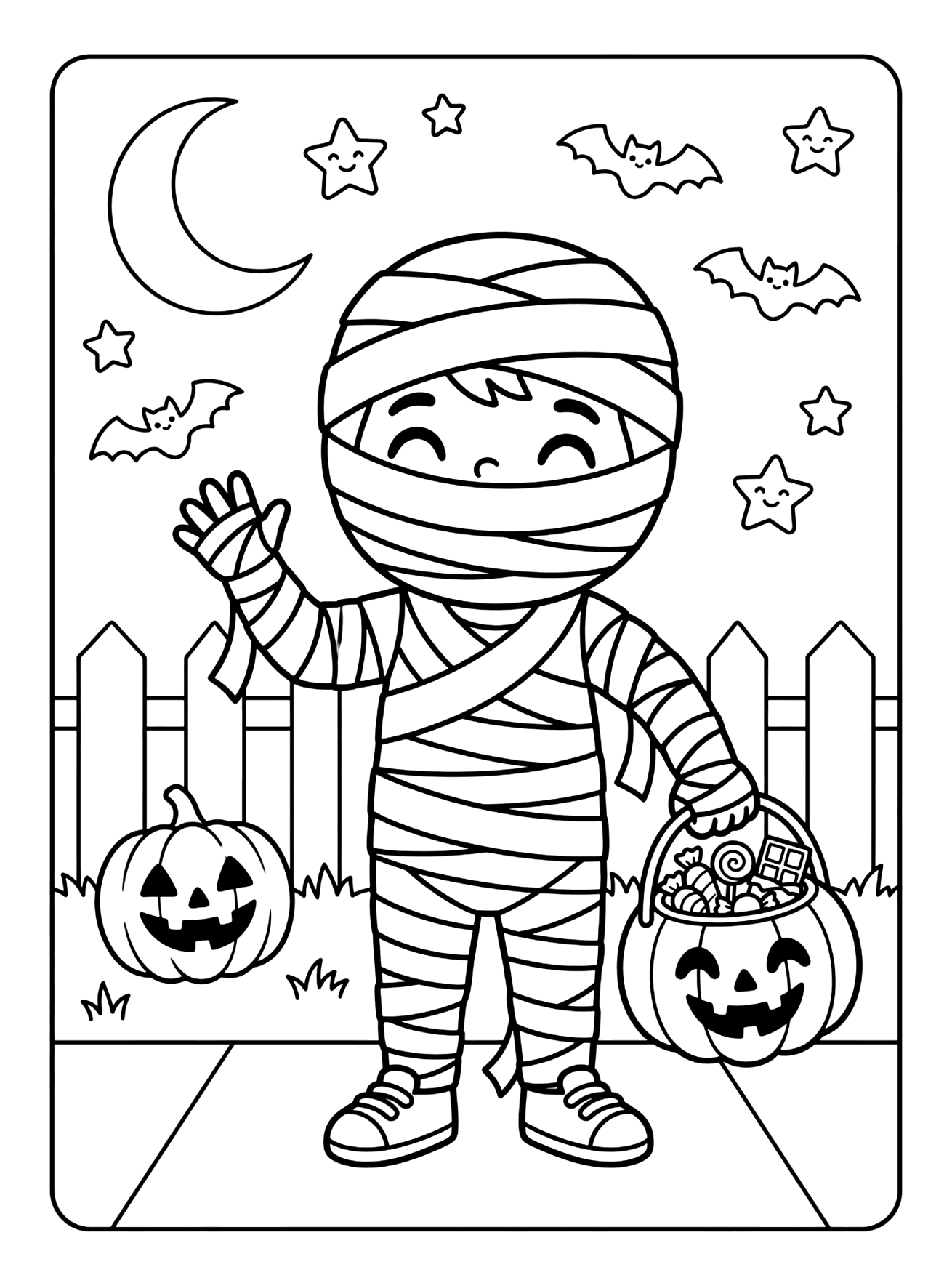 Outline of a bandaged mummy kid waving and holding a candy pumpkin bucket, with bats and stars, Halloween coloring page