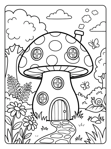 Mushroom house with a spotted cap, round windows, arched door, flowers and a snail houses and buildings coloring page