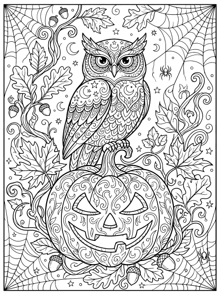 Owl perched on a carved pumpkin with patterned feathers and oak leaves, Halloween coloring page