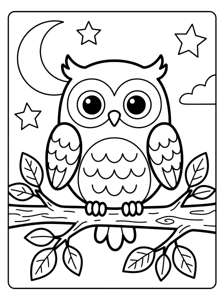 A cute owl sitting on a tree branch at night with stars and a crescent moon bird coloring page