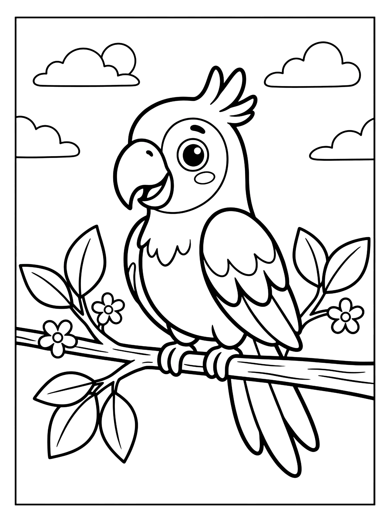 Cartoon parrot sitting on a flowering tree branch bird coloring page