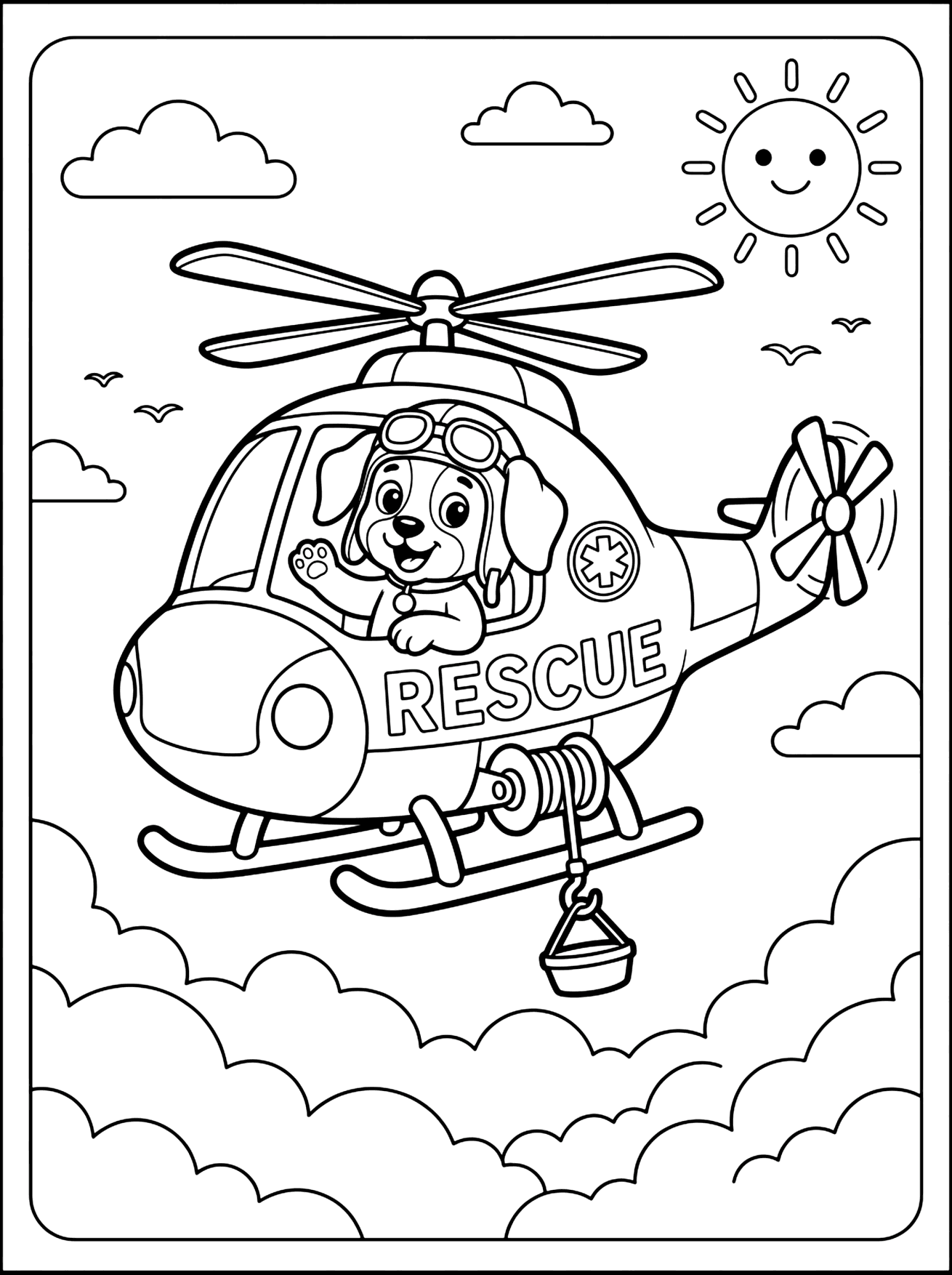 Cartoon puppy in aviator goggles waving from a rescue helicopter with a hanging hook and basket, paw patrol coloring page