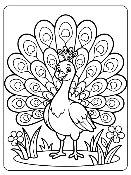 A cartoon peacock standing in a garden with its tail feathers spread wide line art bird coloring page