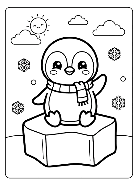 A happy penguin wearing a cozy striped scarf standing on an ice block bird coloring page