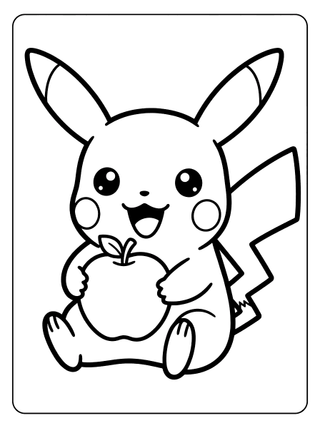 Smiling Pikachu sitting and holding a big apple with a leaf on top, pokemon coloring page