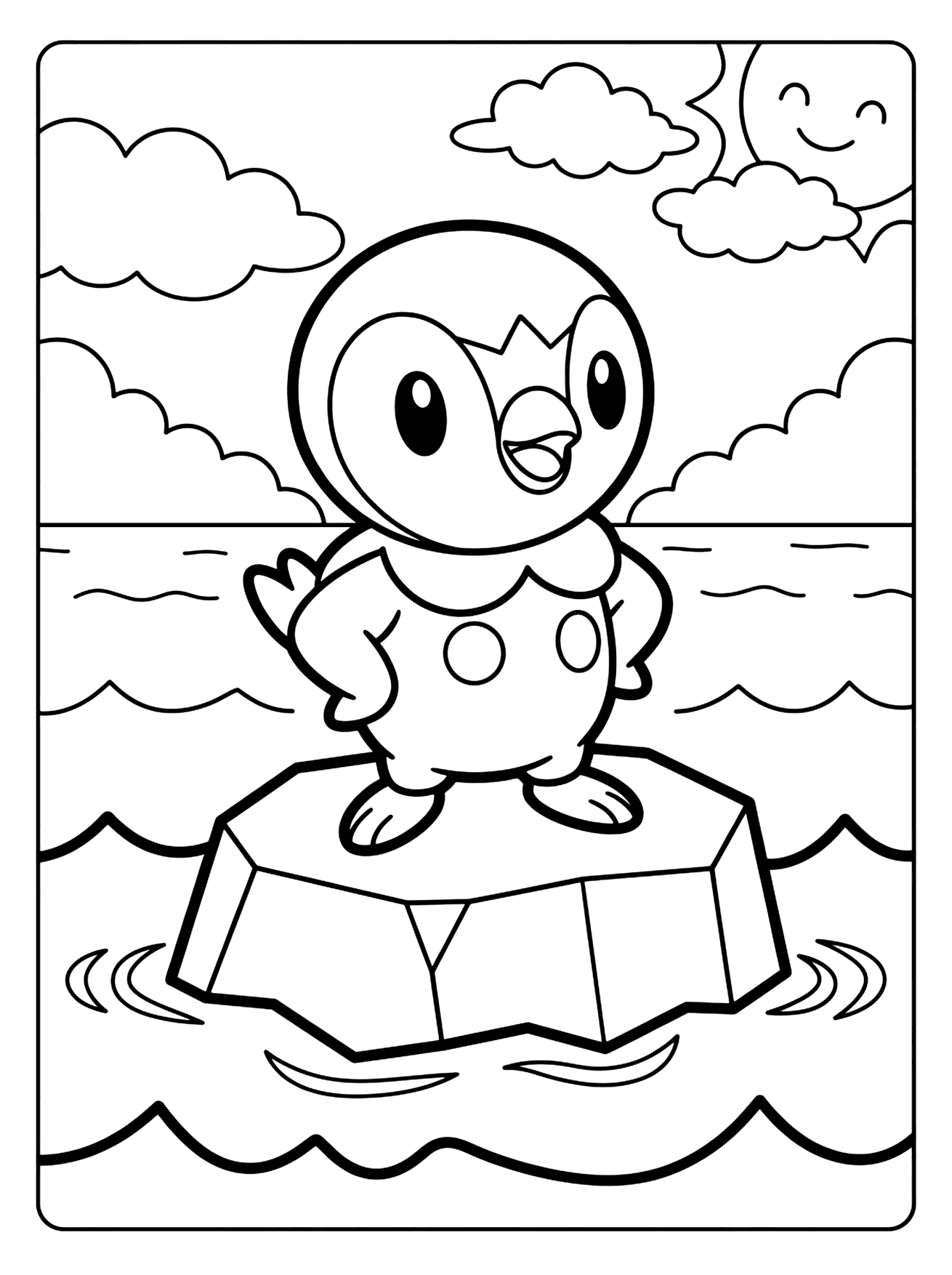 Piplup penguin Pokemon standing on an iceberg with waves, clouds and a smiling sun, pokemon coloring page