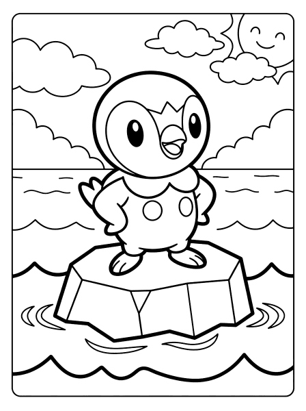 Piplup penguin Pokemon standing on an iceberg with waves, clouds and a smiling sun, pokemon coloring page