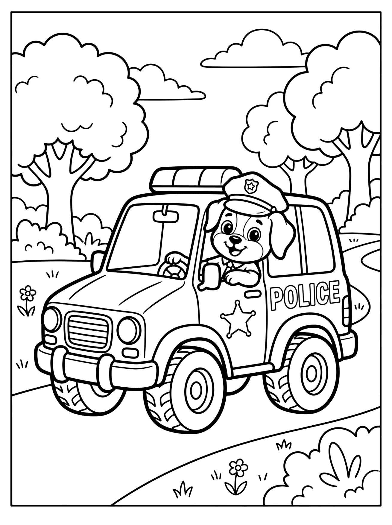 Smiling puppy in a police cap driving a police truck with a roof light bar and a star badge, paw patrol coloring page