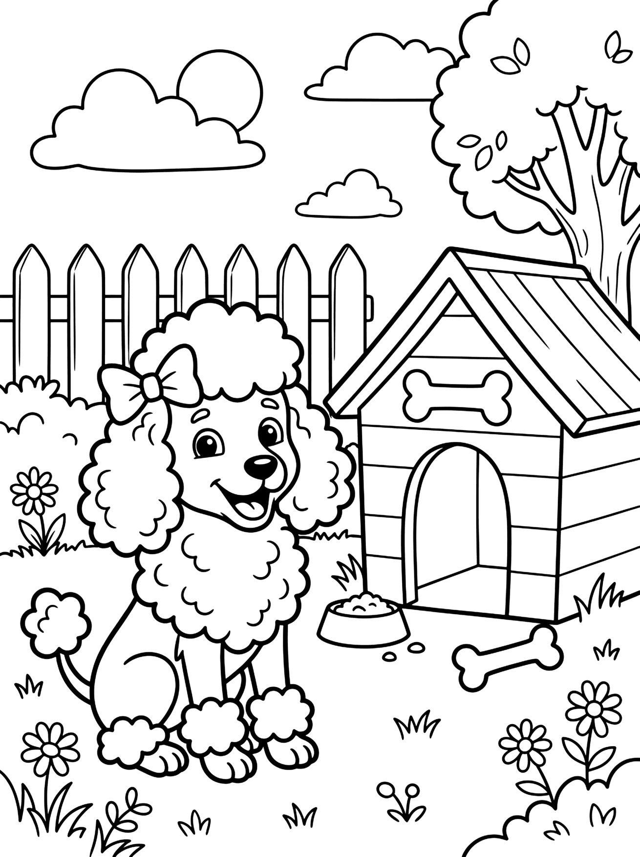 Poodle Sitting by Doghouse dog coloring page for kids