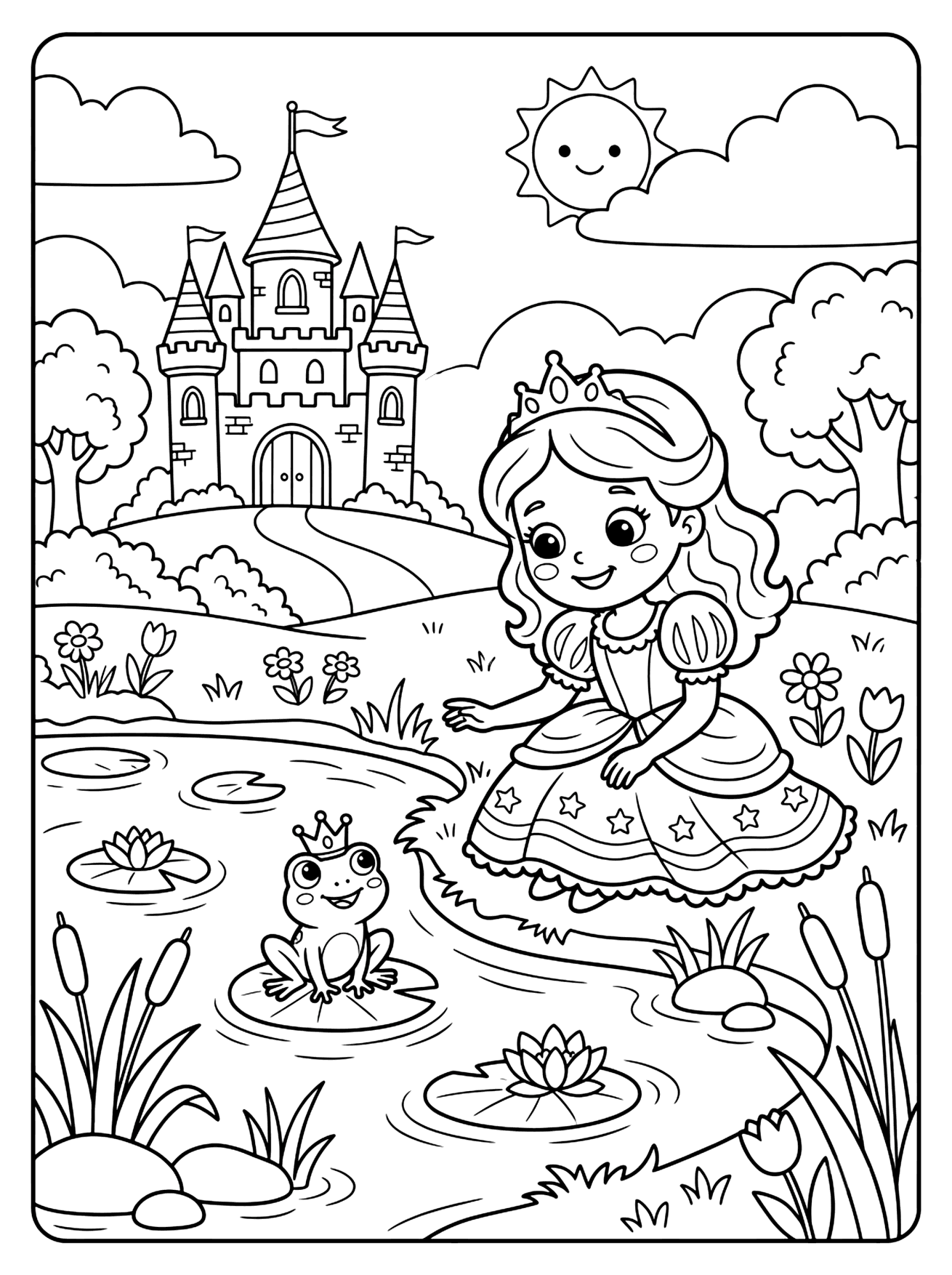 Smiling princess with a tiara and star-patterned dress by a pond with a crowned frog, princess coloring page