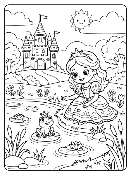 Smiling princess with a tiara and star-patterned dress by a pond with a crowned frog, princess coloring page