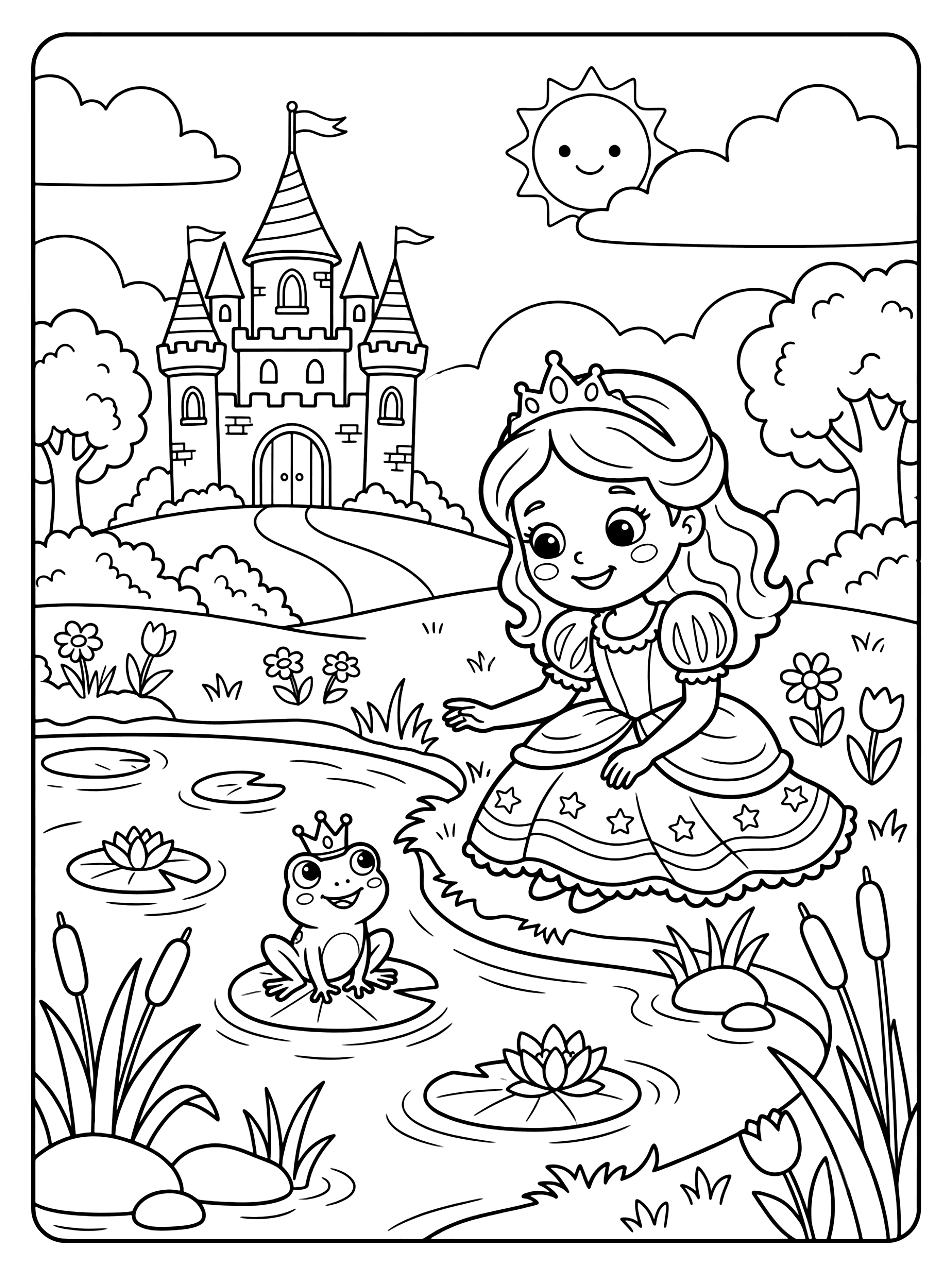 Smiling princess with a tiara and star-patterned dress by a pond with a crowned frog, princess coloring page