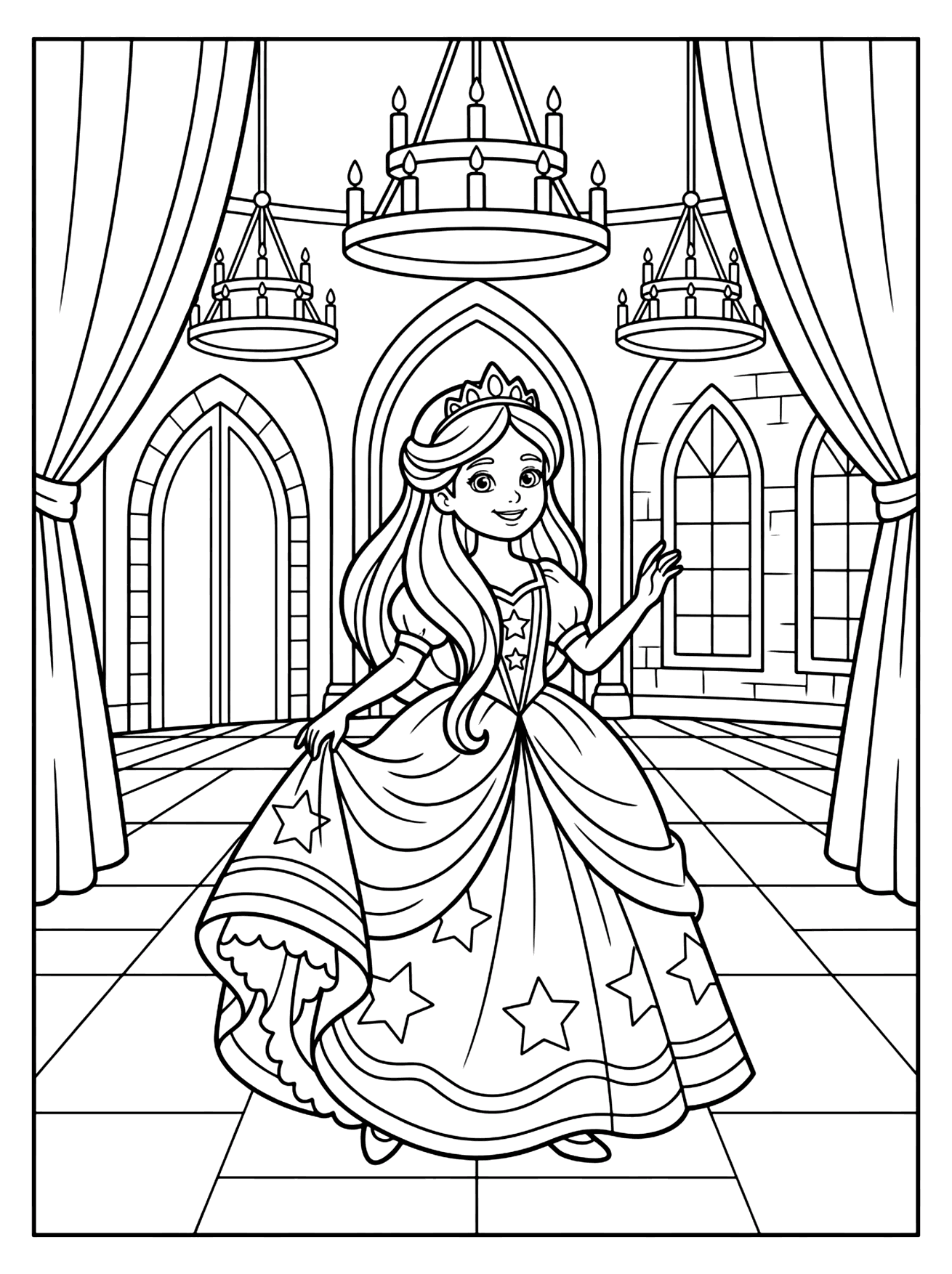 Smiling princess in a star-patterned gown and tiara in a castle hall with chandeliers, princess coloring page