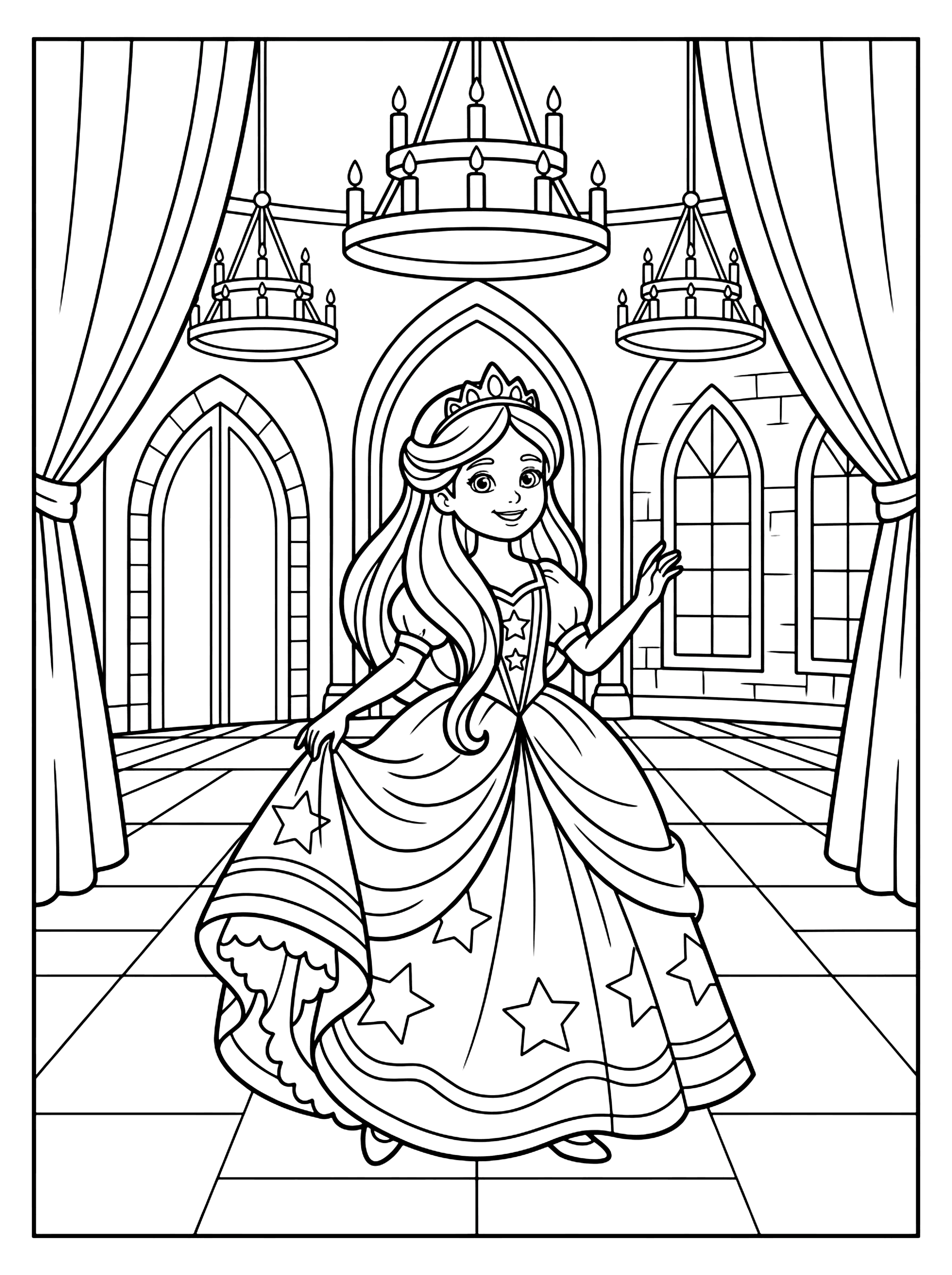 Smiling princess in a star-patterned gown and tiara in a castle hall with chandeliers, princess coloring page