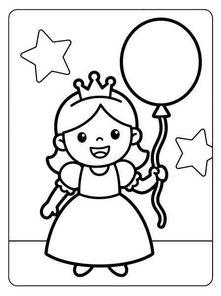 Smiling princess in a crown and long dress holding a balloon string, with two stars nearby, princess coloring page