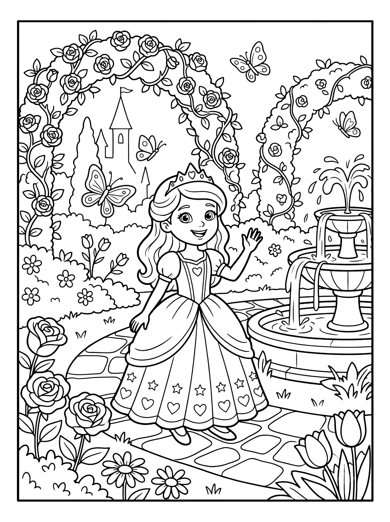 Smiling princess in a tiara waving by a fountain, rose arches and butterflies behind her, princess coloring page