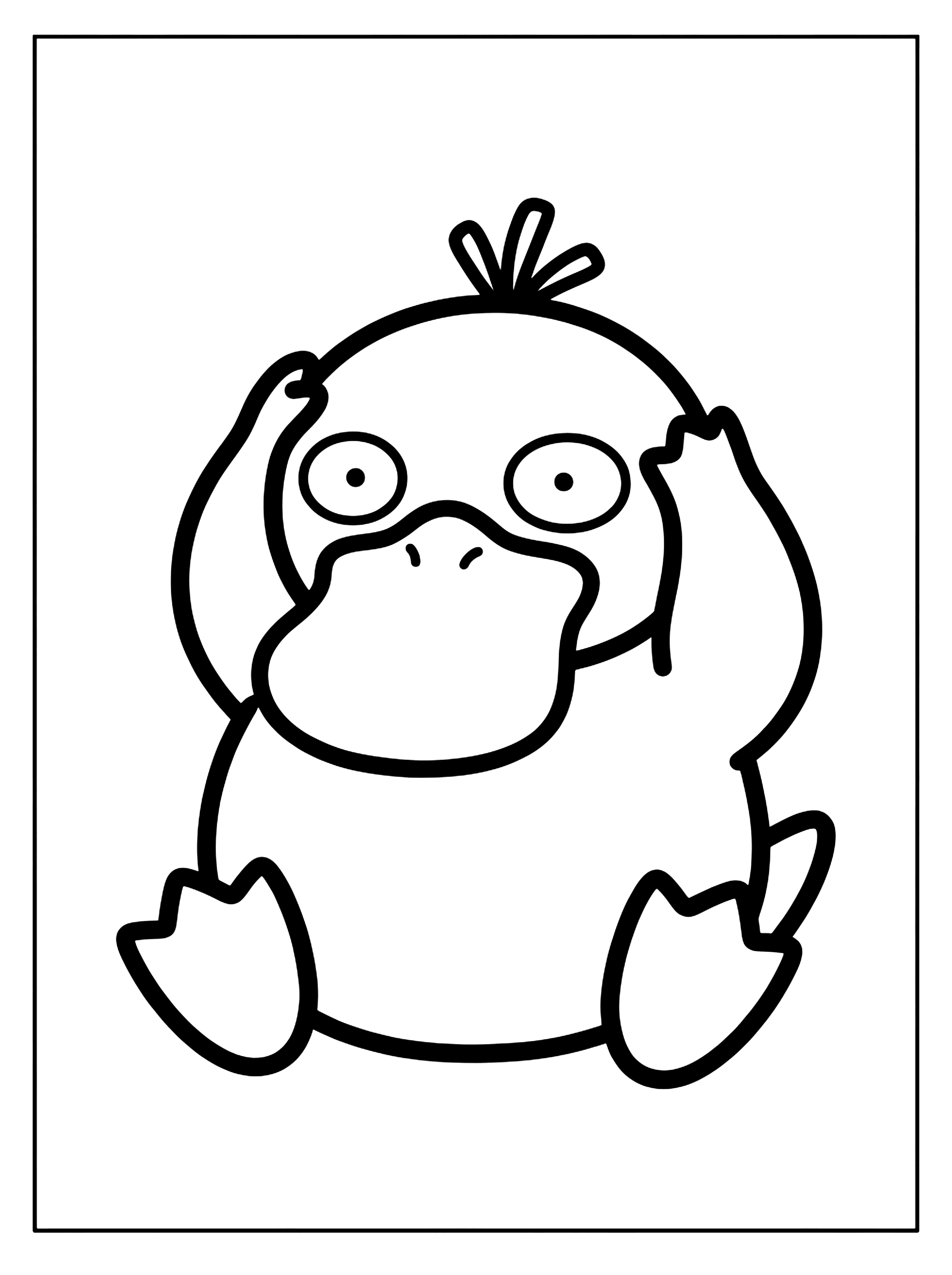 Psyduck sitting with hands on its head, big round eyes, wide duck bill and three hair tufts, pokemon coloring page