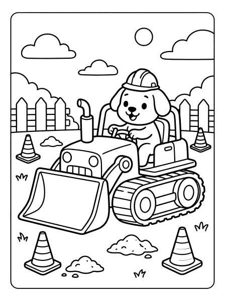 Cartoon puppy in a hard hat driving a bulldozer near traffic cones and dirt piles, paw patrol coloring page