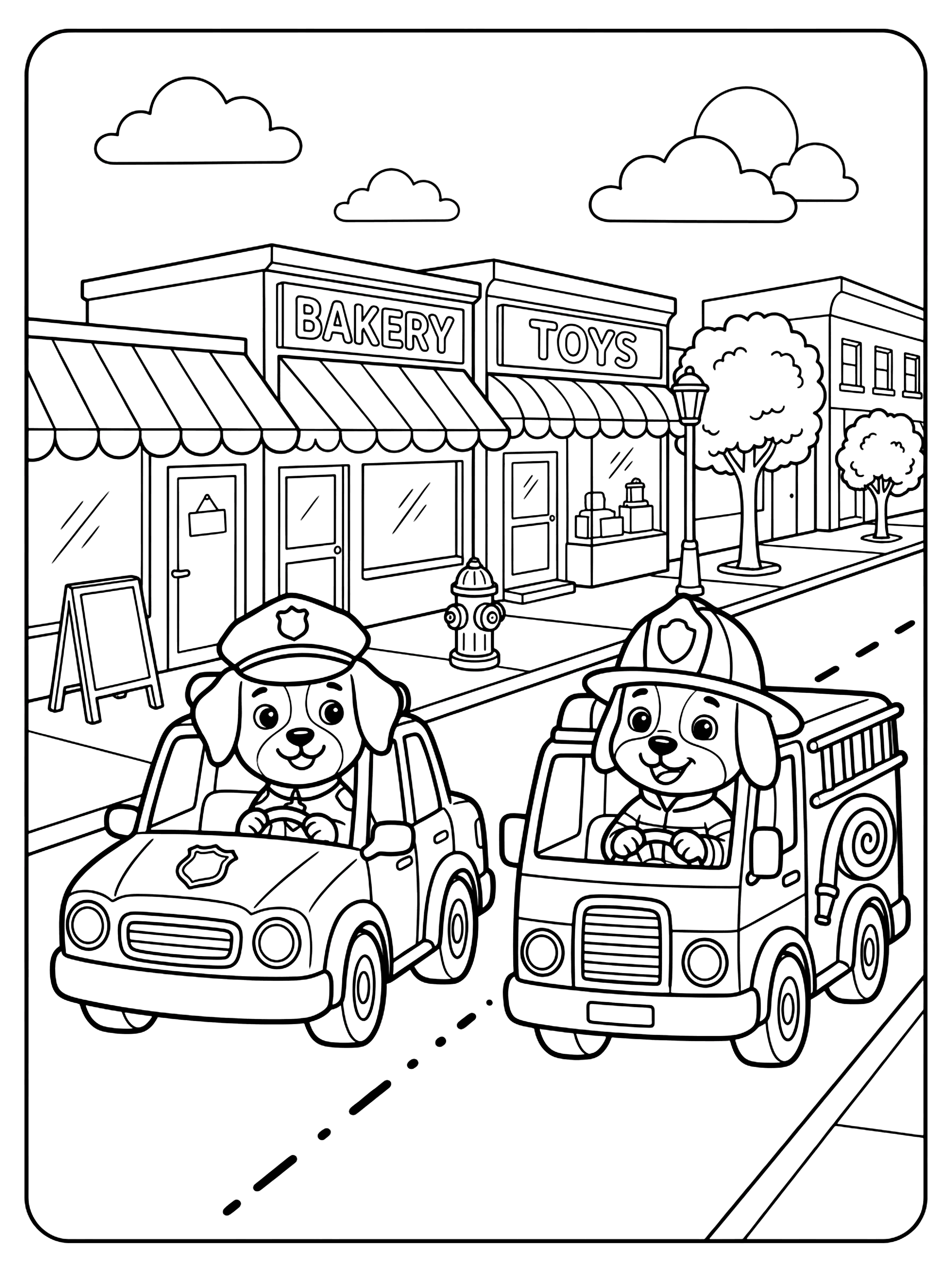 Two cartoon puppies driving a police car and a red fire truck past a bakery and toy shop, paw patrol coloring page