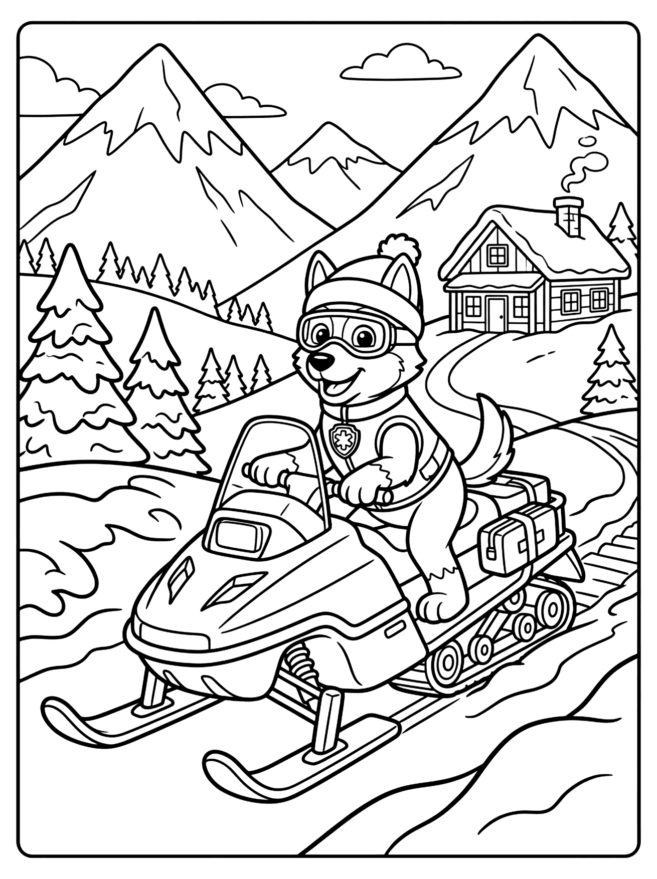 Smiling puppy in a hat and goggles riding a snowmobile past snowy mountains and a cabin, paw patrol coloring page
