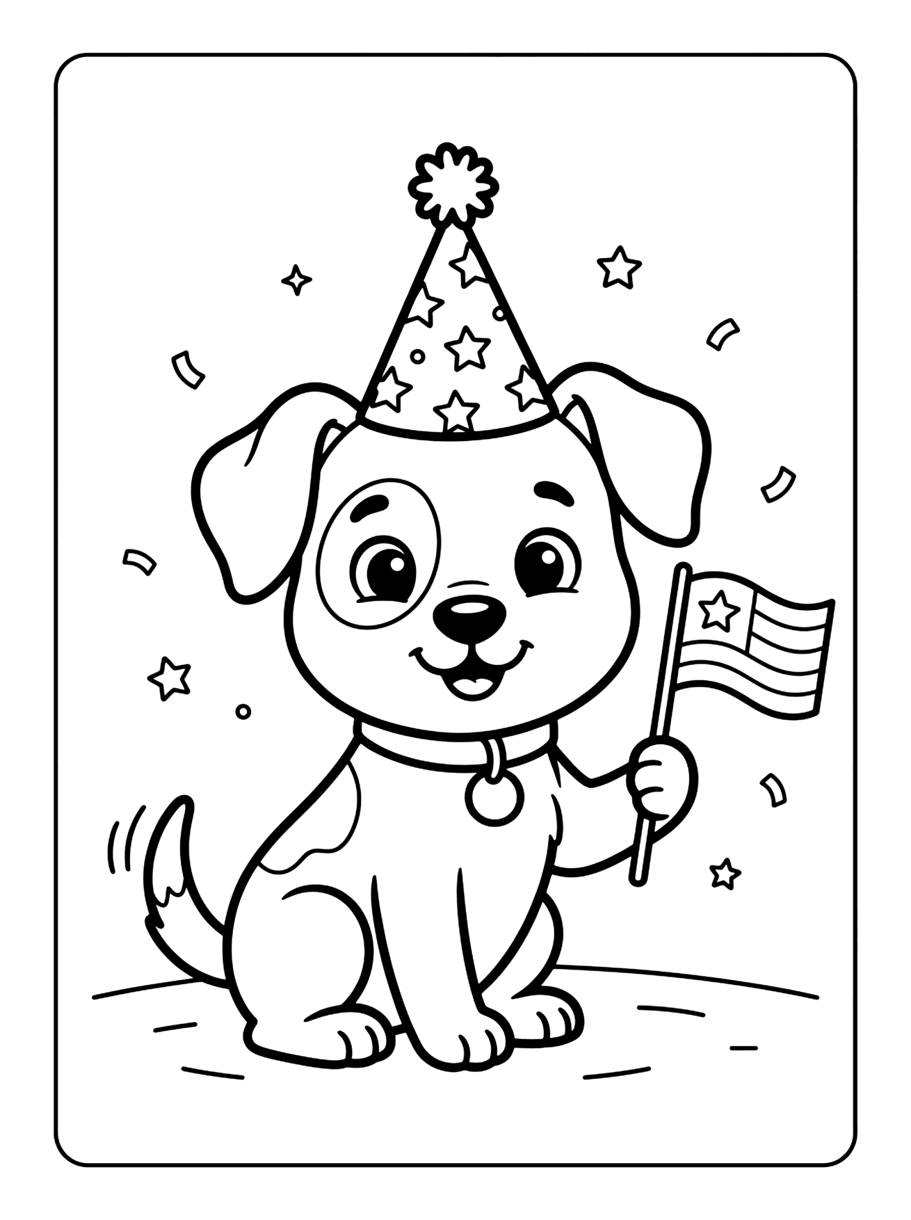 Smiling cartoon puppy in a star party hat sitting and waving a flag with stars and stripes, 4th of July coloring page