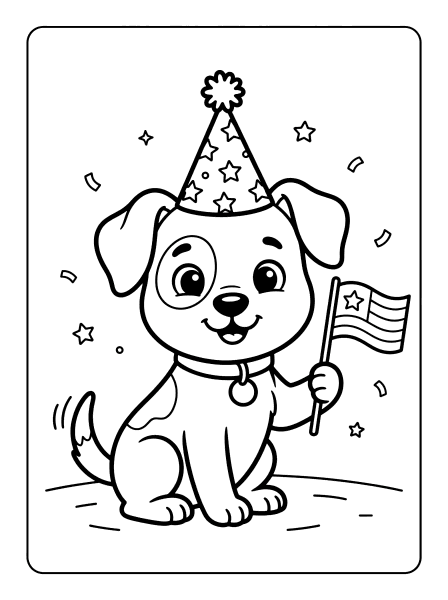 Smiling cartoon puppy in a star party hat sitting and waving a flag with stars and stripes, 4th of July coloring page