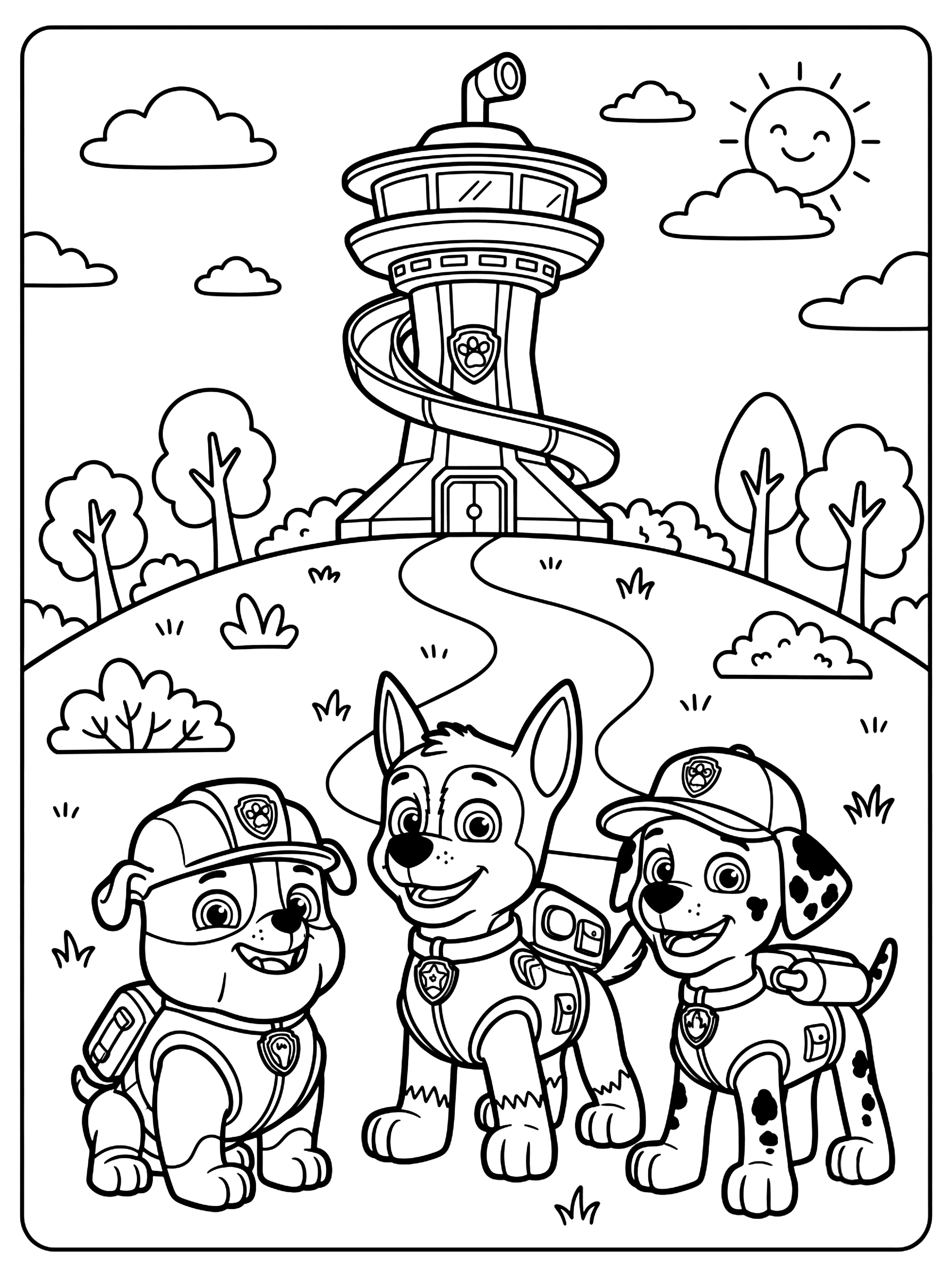 Chase, Marshall and Rubble standing in front of a tall tower with a spiral slide on a hill, paw patrol coloring page