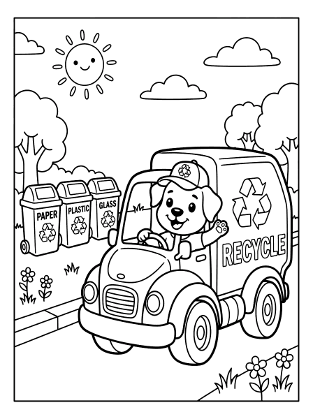 Smiling puppy in a cap waving from a recycling truck beside paper, plastic and glass bins, paw patrol coloring page