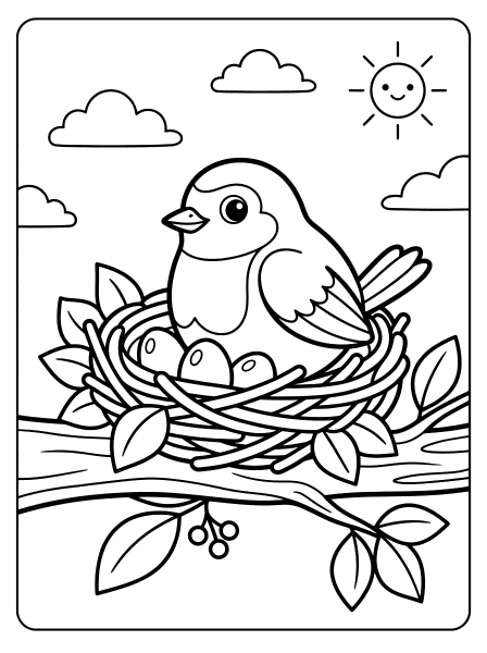A cute robin sitting in a nest with three eggs on a tree branch bird coloring page