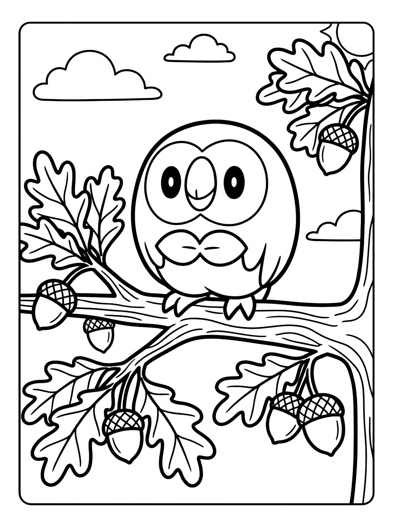 Round owl-like Pokemon perched on an oak branch with leaves and acorns, pokemon coloring page