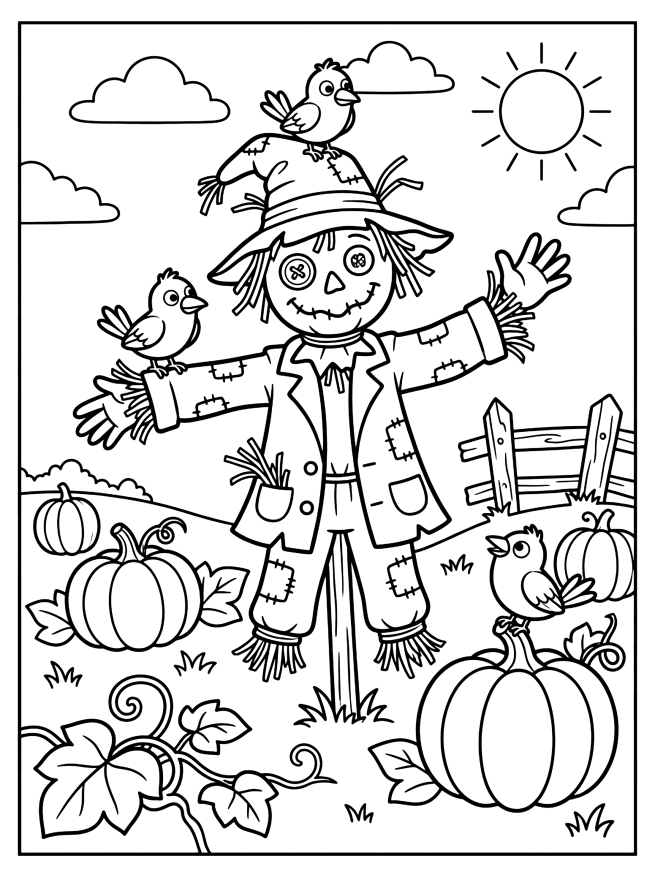 Black outline drawing of a smiling scarecrow with three birds, pumpkins, a wooden fence and vines, Halloween coloring page
