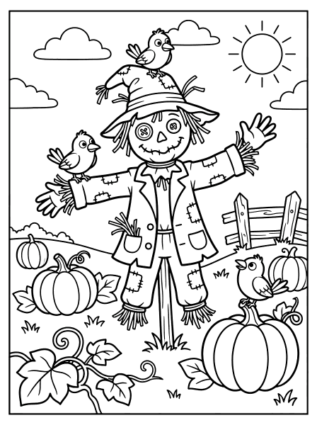 Black outline drawing of a smiling scarecrow with three birds, pumpkins, a wooden fence and vines, Halloween coloring page