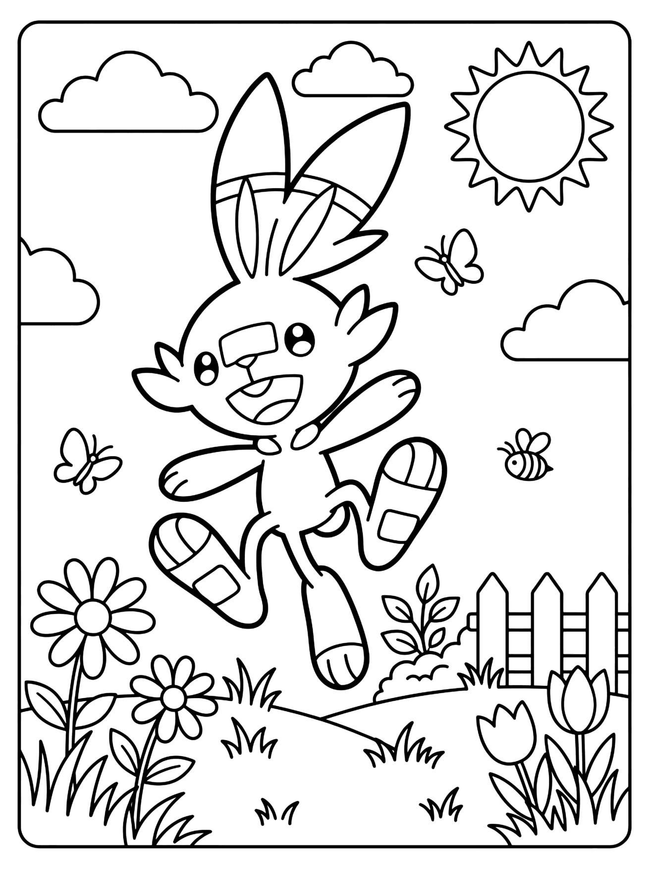 Scorbunny jumping with striped ears and a big smile among daisies, tulips and butterflies, pokemon coloring page