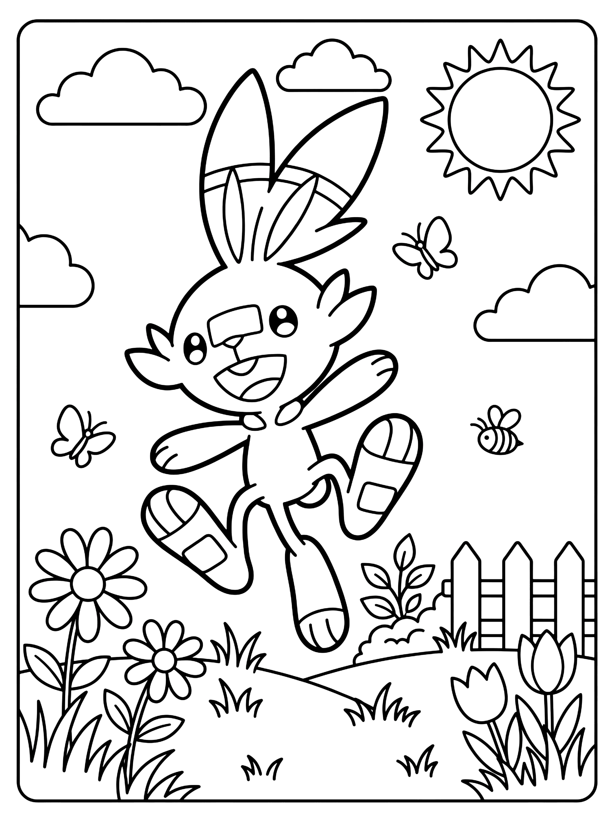 Scorbunny jumping with striped ears and a big smile among daisies, tulips and butterflies, pokemon coloring page