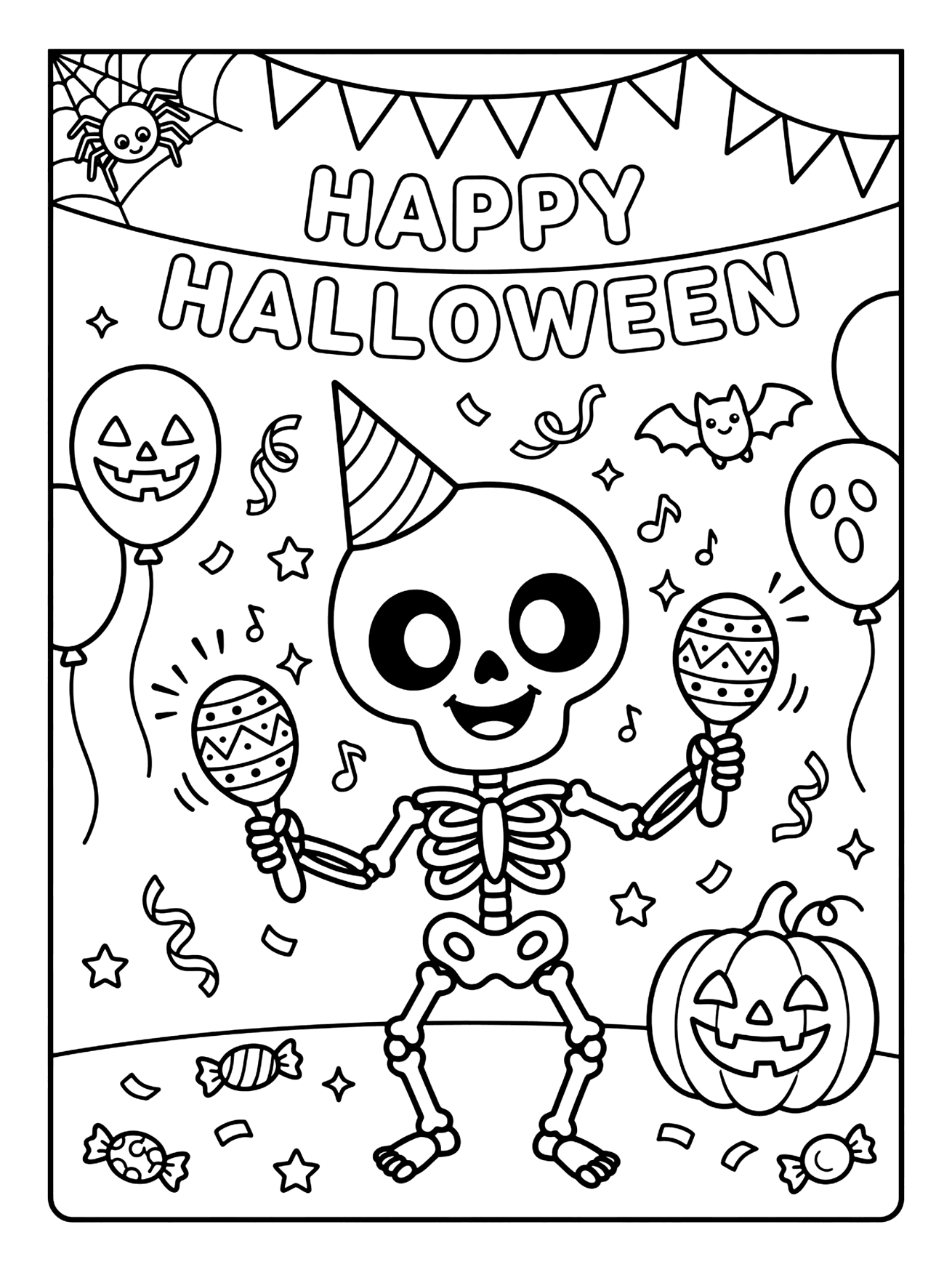 Smiling skeleton in a party hat shaking two maracas, with pumpkins, balloons and a bat, Halloween coloring page
