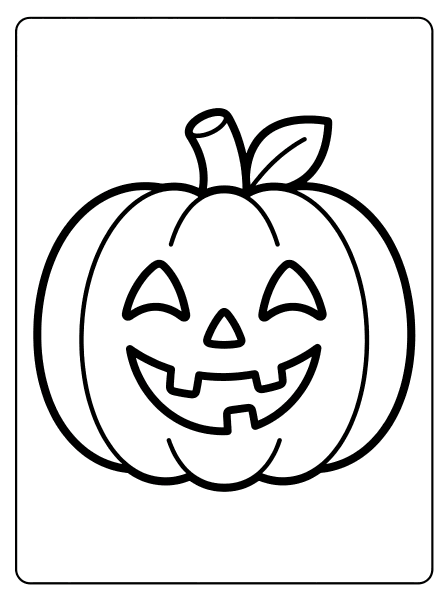 Black outline of a smiling jack-o'-lantern pumpkin with triangle eyes, a toothy grin, and a leaf, Halloween coloring page