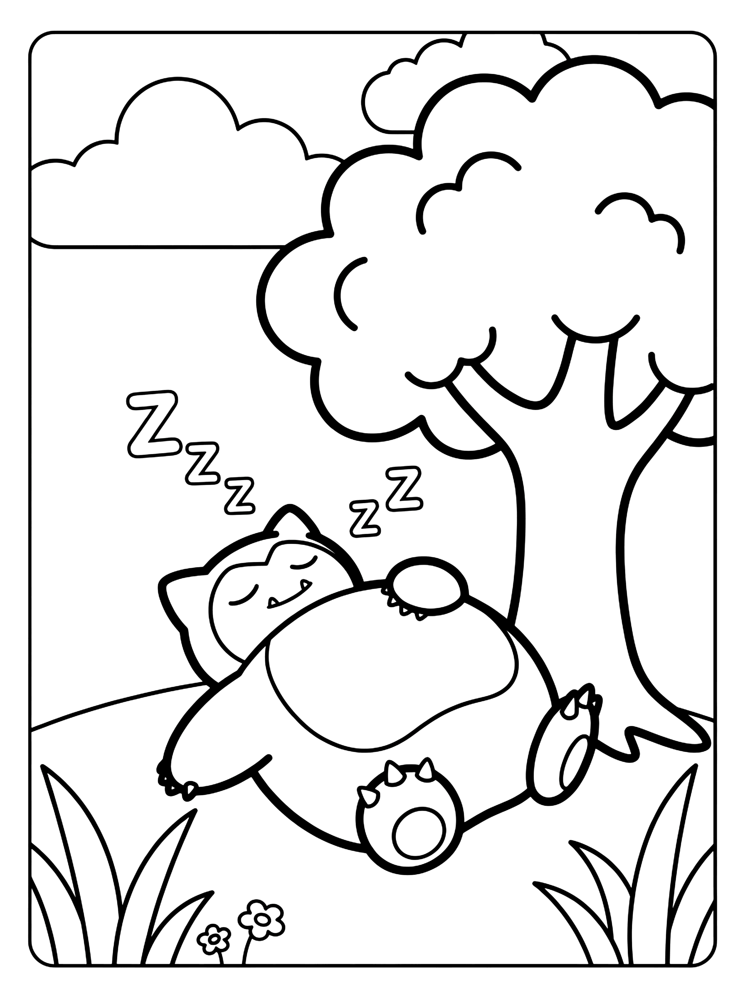 Sleeping Snorlax lying on a grassy hill under a leafy tree, Zzz letters floating above, pokemon coloring page