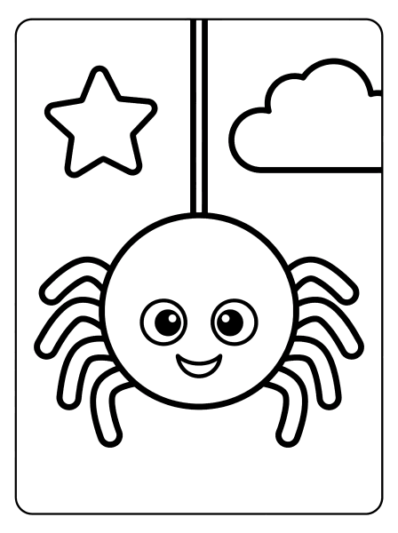 Smiling cartoon spider with big eyes hanging from a thread, with a star and cloud beside it, Halloween coloring page