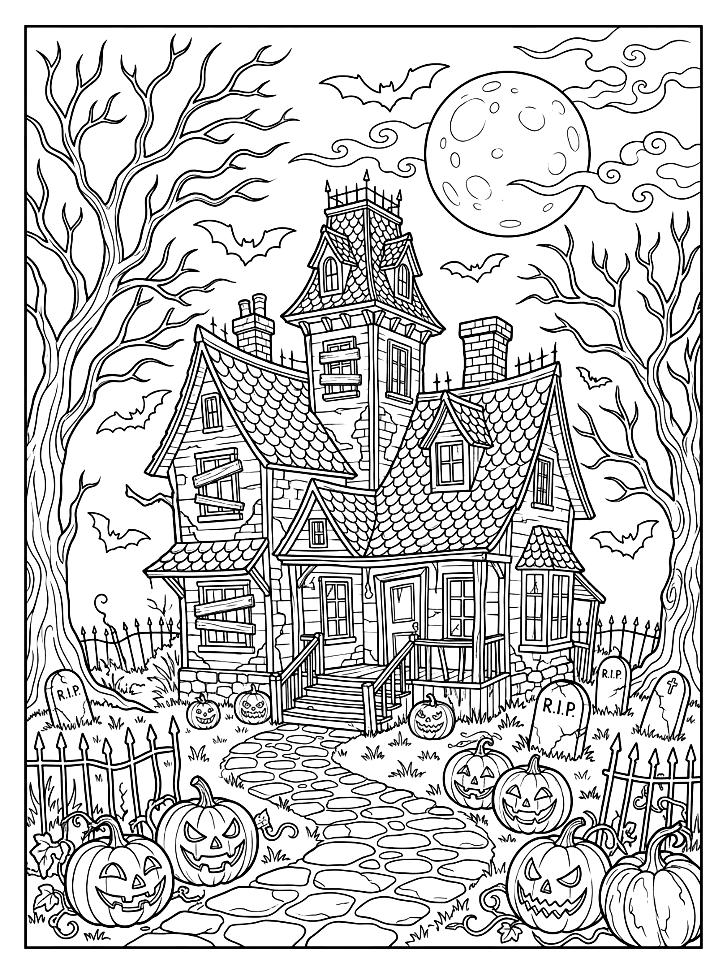 Haunted house with boarded windows and a tall tower, jack-o'-lanterns, bats and a full moon, Halloween coloring page