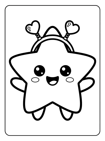 Smiling cartoon star with big eyes, arms out, and heart balloons on a curved band, black outline kpop demon coloring page