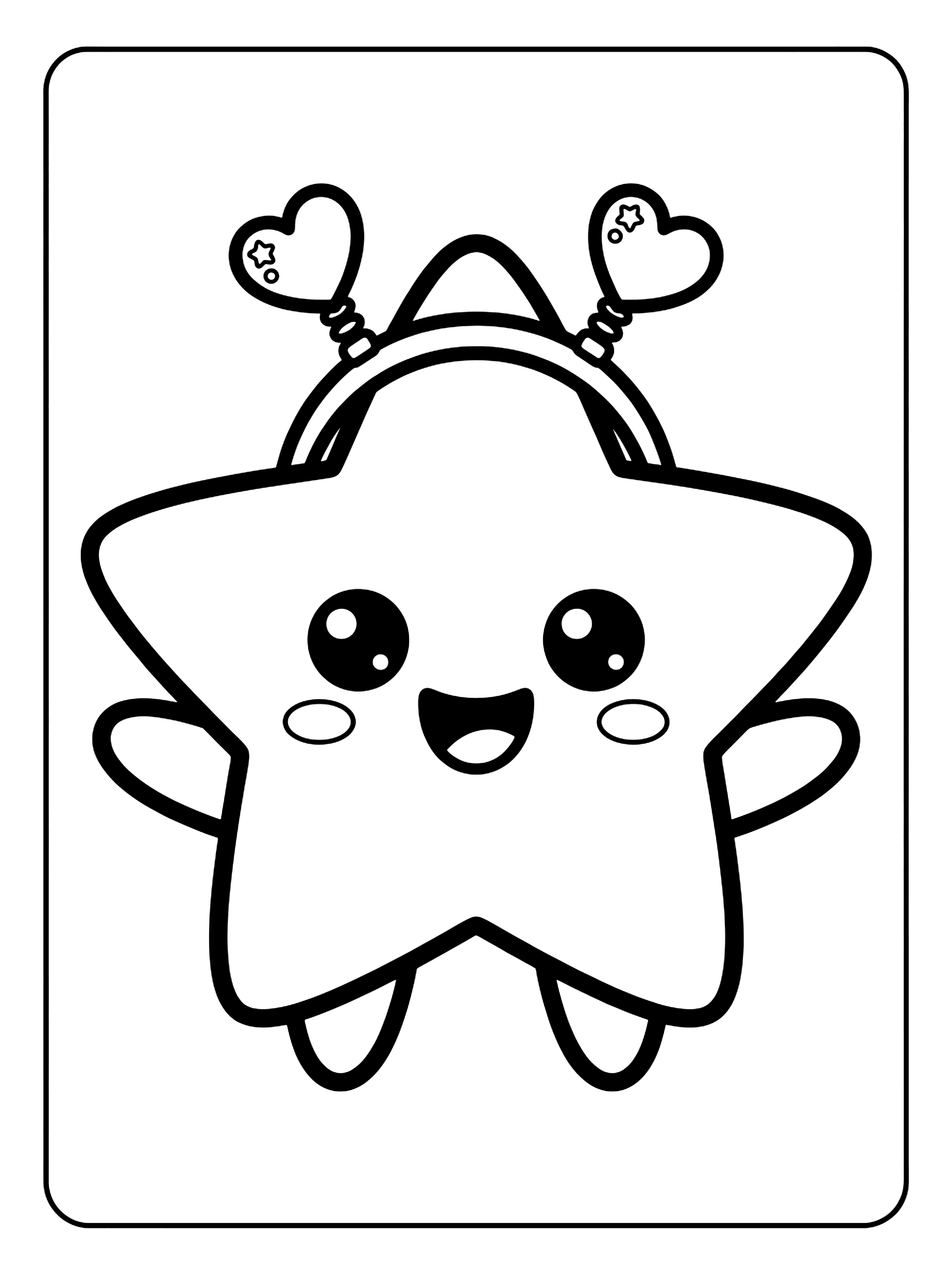 Smiling cartoon star with big eyes, arms out, and heart balloons on a curved band, black outline kpop demon coloring page