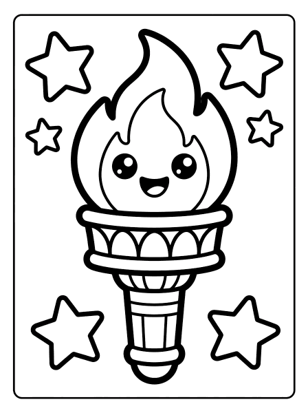 Smiling cartoon torch with a happy flame face and six outlined stars around it, 4th of July coloring page