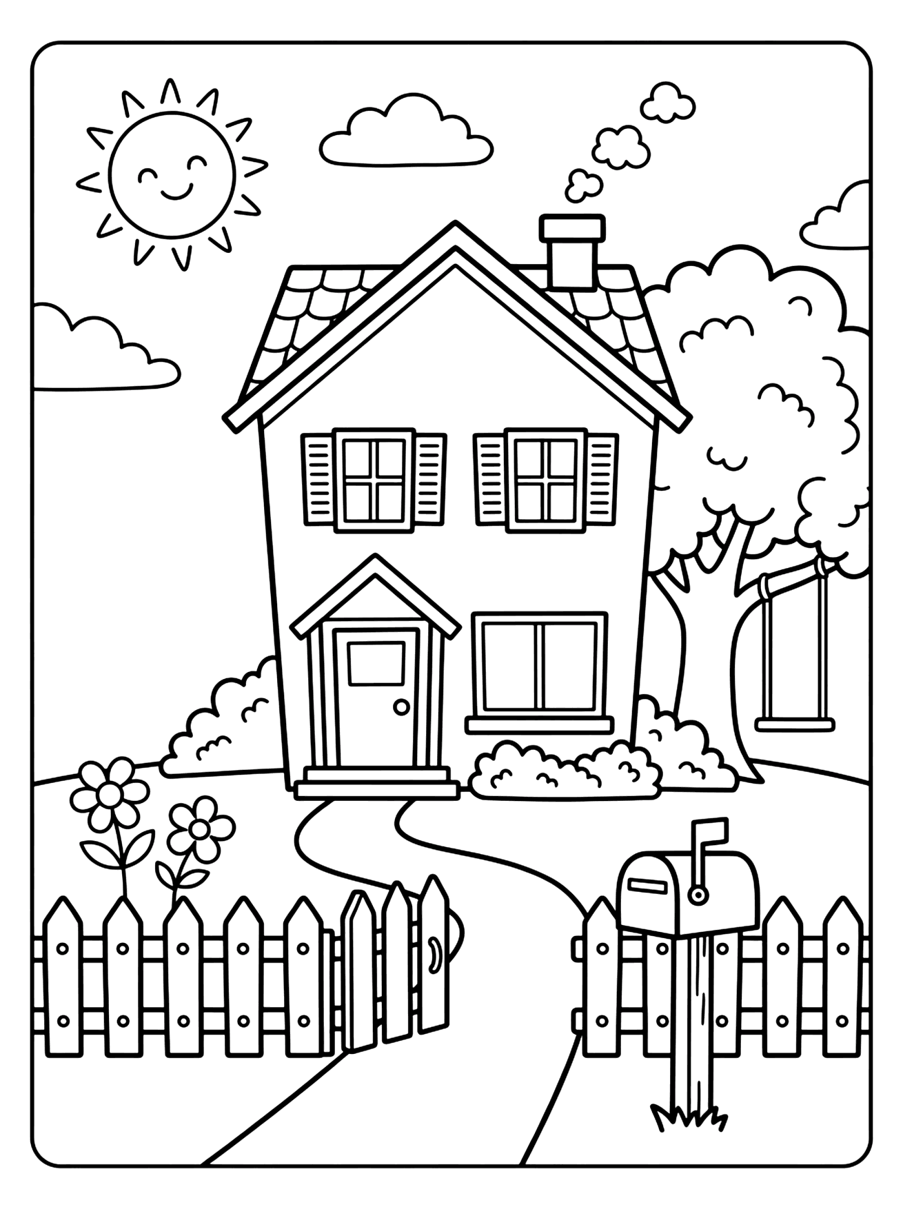 Line drawing of a two-story house with a tree swing, picket fence, mailbox and smiling, houses and buildings coloring page