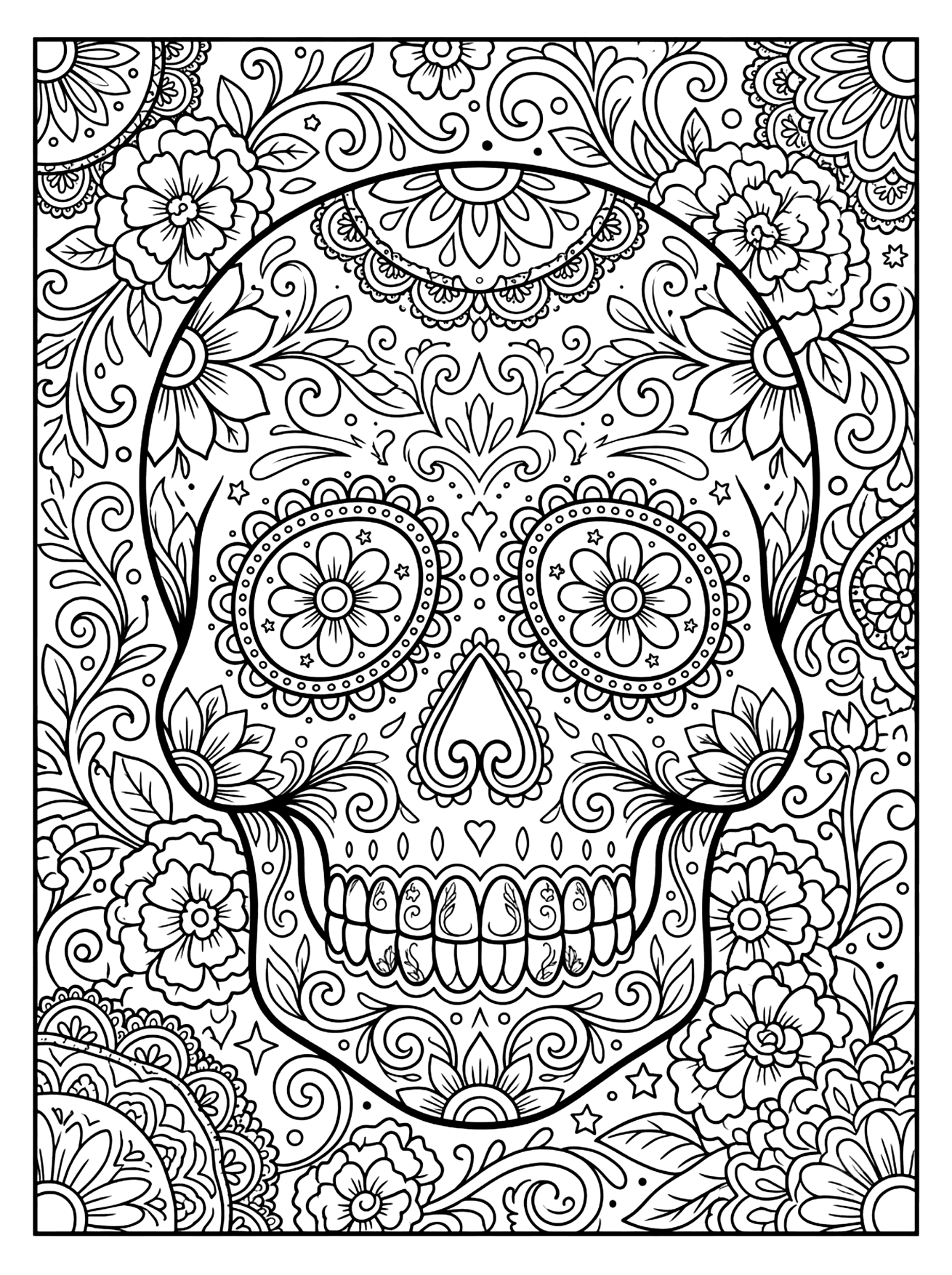 Detailed sugar skull with flower eyes, a heart-shaped nose, and swirling flowers around it, Halloween coloring page