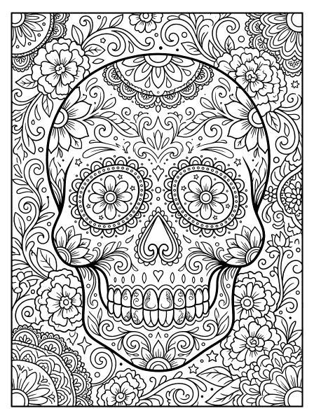 Detailed sugar skull with flower eyes, a heart-shaped nose, and swirling flowers around it, Halloween coloring page
