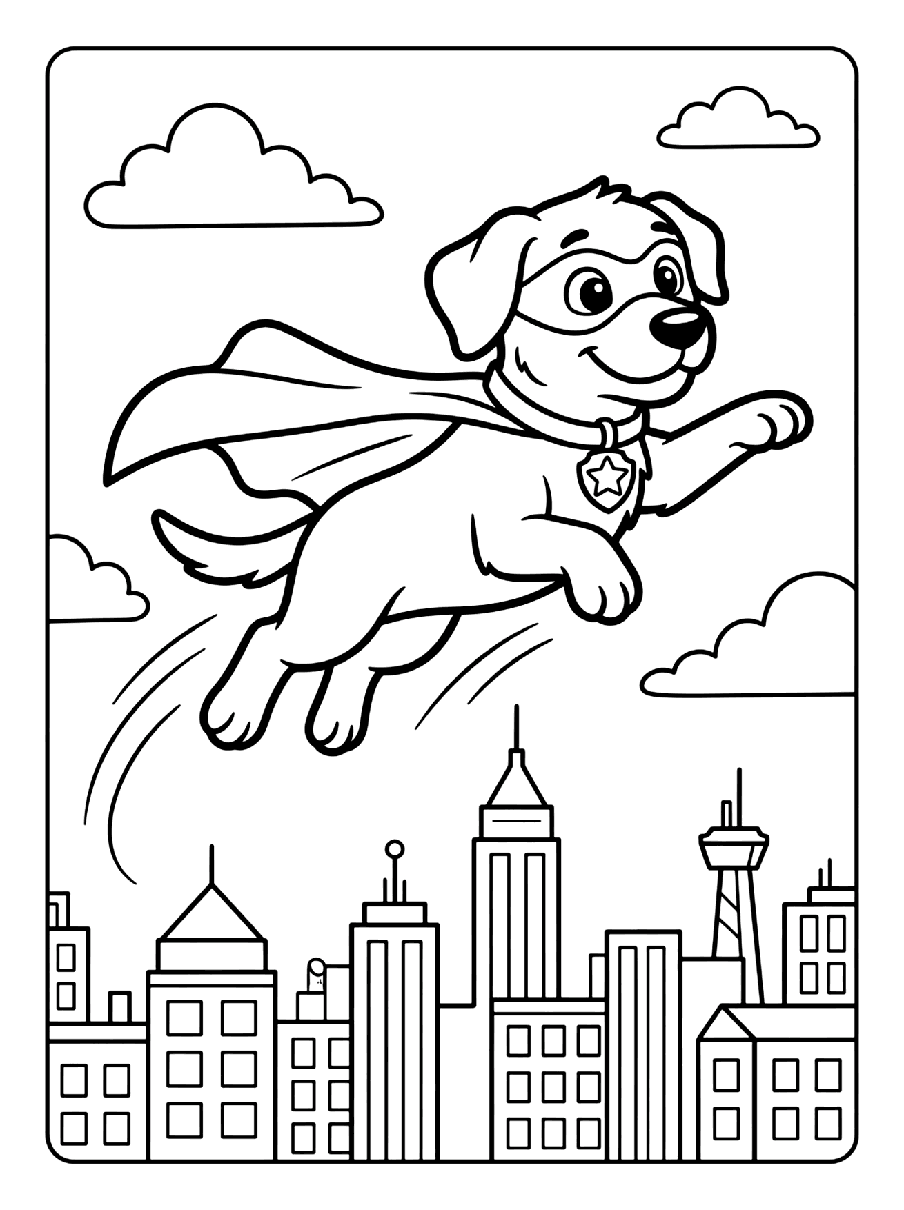 Smiling cartoon puppy wearing a mask and flying with a cape over a city skyline, paw patrol coloring page